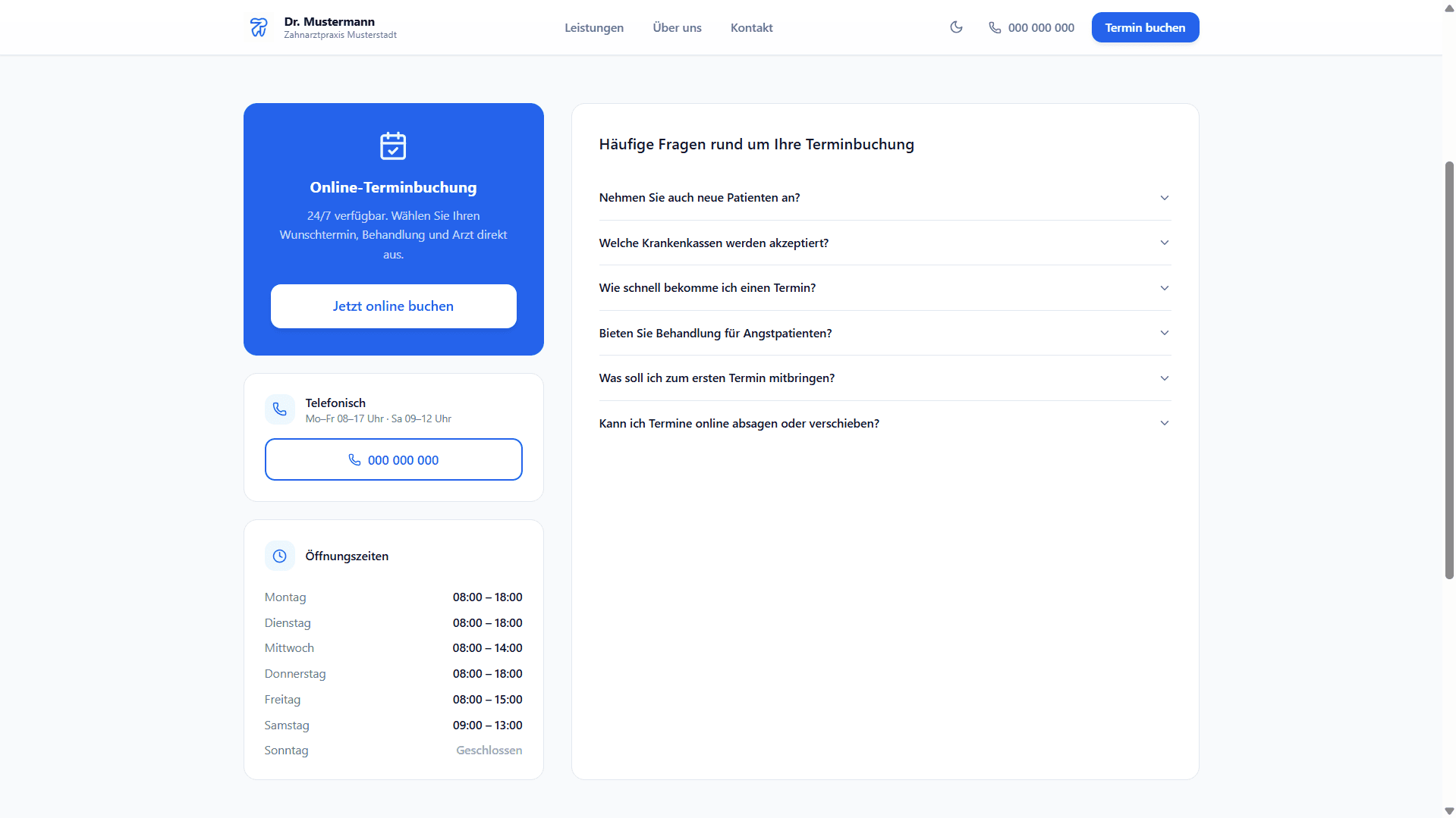 Online-Terminbuchung mit erweitertem FAQ-Accordion