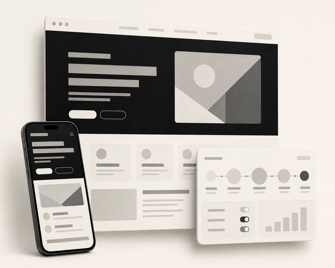 Monochrome Komposition aus einem Browserfenster, einer Smartphone-Ansicht und einer Dashboard-Karte