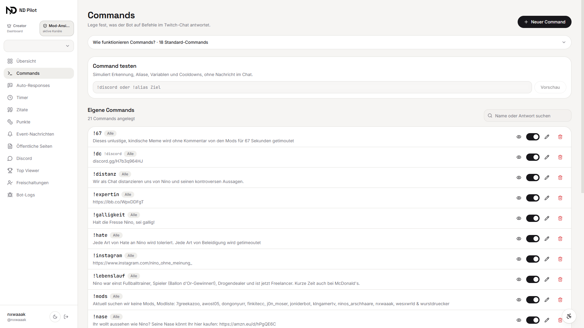 Web-Dashboard von ND Pilot zur Konfiguration von Commands