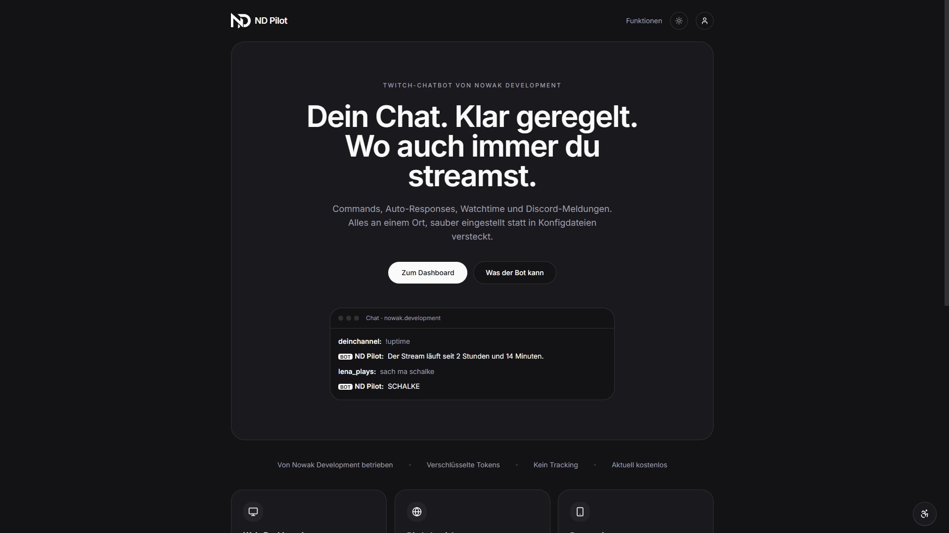 Landingpage von ND Pilot mit Claim und Chat-Vorschau