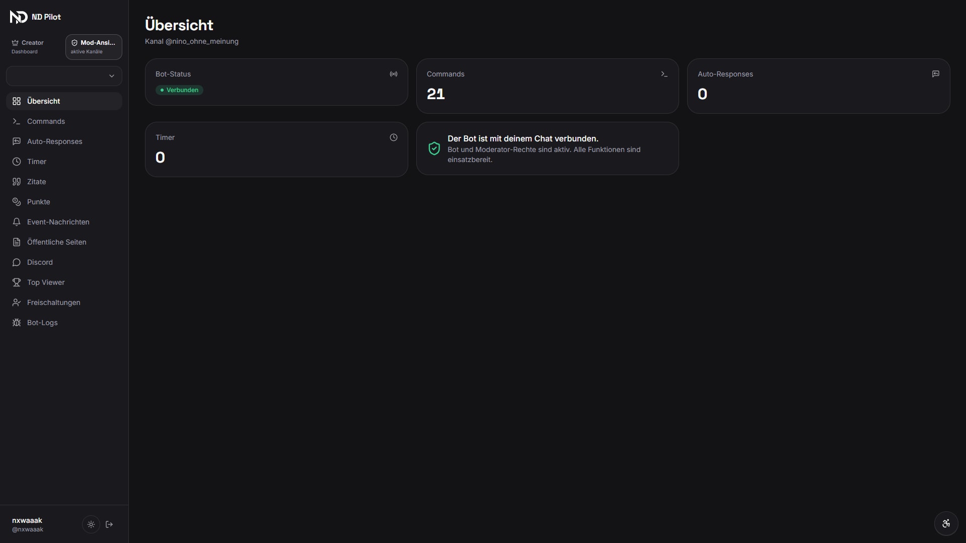 Dashboard-Übersicht von ND Pilot mit Bot-Status und Kennzahlen eines Kanals